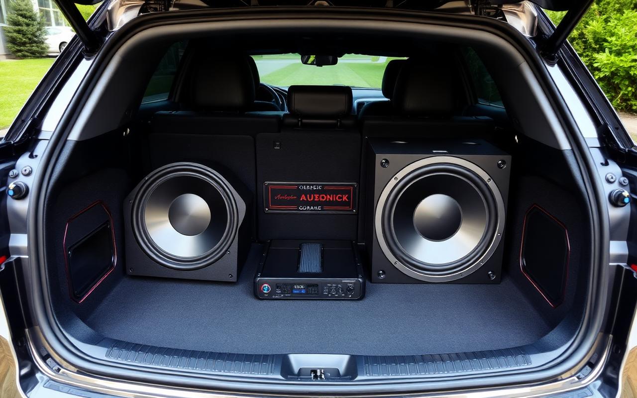 Premium car sound system with subwoofer and amplifier installed in luxury car UAE